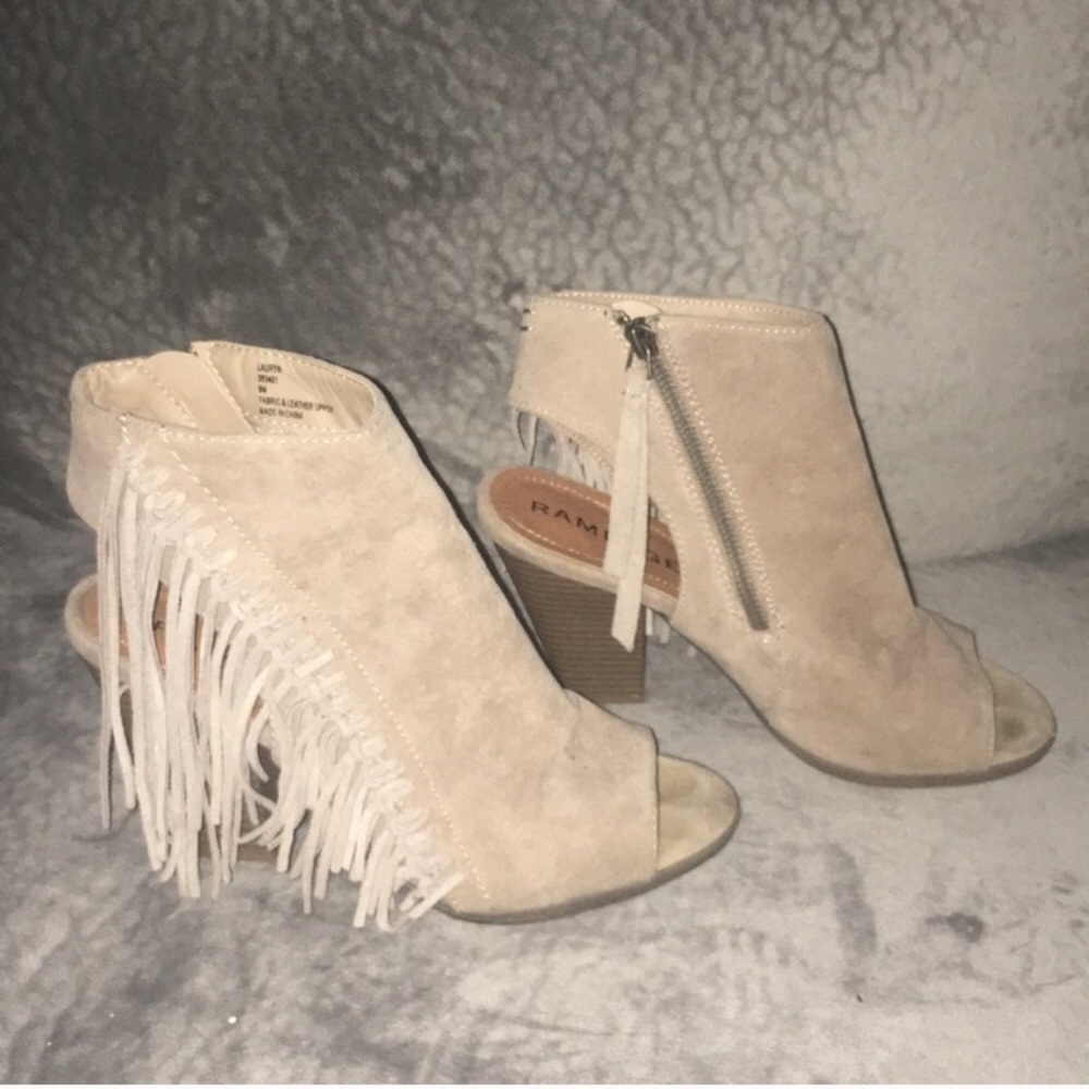 Tan fringe boots open toe